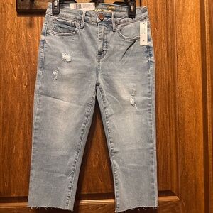 Seven7 Light Blue Cropped Distressed Jeans with Raw Hem